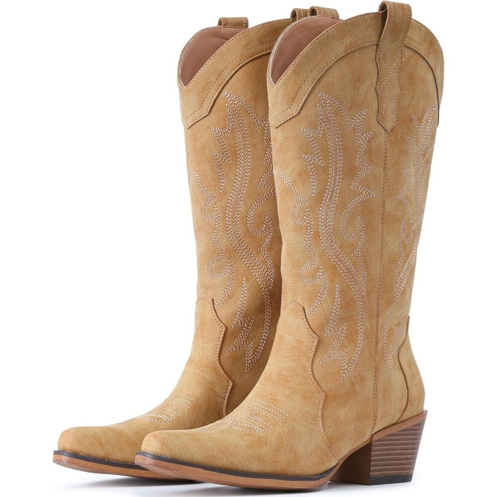 Women's Yellow Chunky Heel Mid Calf Snip Toe Western Elegance Embroidery Boots - Picture 1 of 6